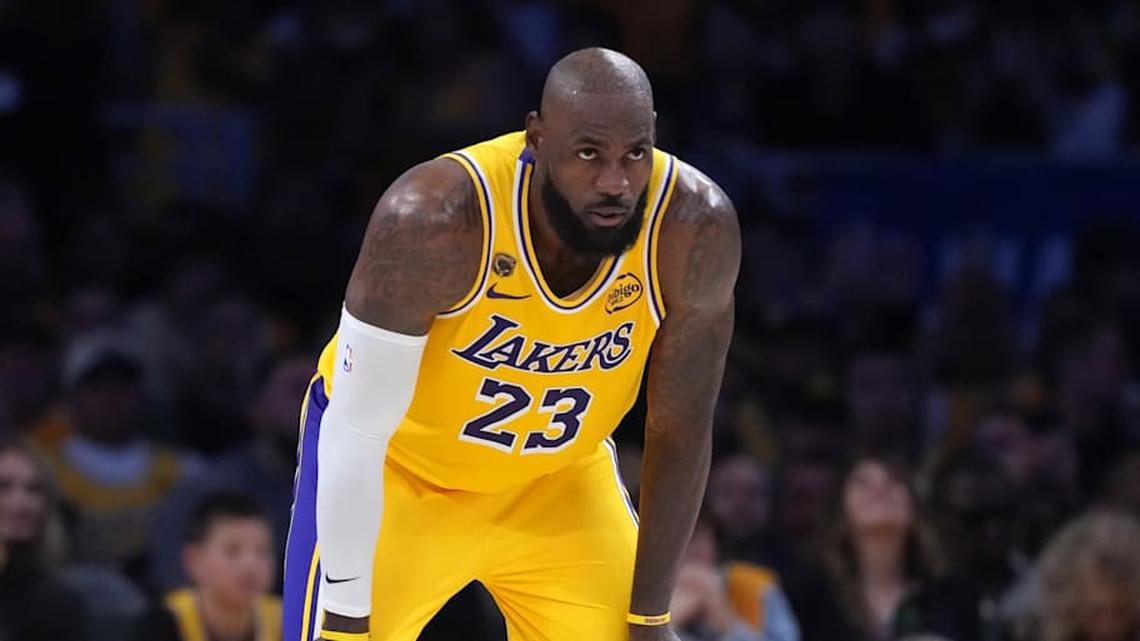  Apr 18, 2026; Los Angeles, California, USA; Los Angeles Lakers forward LeBron James (23) reacts in the first half against the Houston Rockets during game one of the first round of the 2026 NBA Playoffs at Crypto.com Arena. Mandatory Credit: Kirby Lee-Imagn Images | Kirby Lee-Imagn Images 