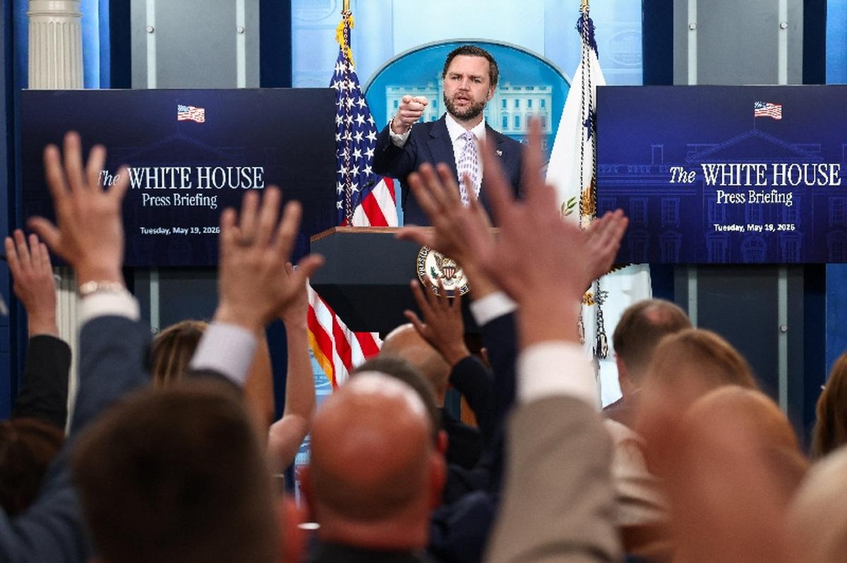U.S. Vice President JD Vance speaks during a press briefing at the White House in Washington, D.C., U.S., May 19, 2026.  REUTERS/Kevin Lamarque