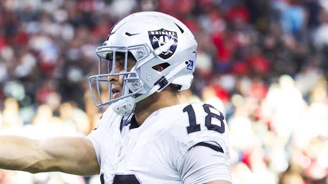  Dec 21, 2025; Houston, Texas, USA; Las Vegas Raiders wide receiver Jack Bech (18) reacts after catching a pass against the Houston Texans during the first quarter at NRG Stadium. Mandatory Credit: Troy Taormina-Imagn Images | Troy Taormina-Imagn Images 