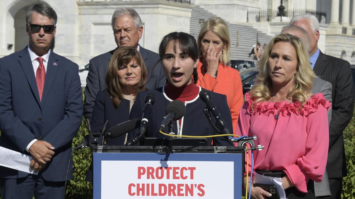 DC: Rep Taylor Greene hold a Protect Innocence act press con. Ms Chole Cole and US Congresswoman Marjorie Taylor Greene(R-GA)(right) alongside others GOP members speaks about Protect Children's Innocence act during a press conference today on September 20, 2022 at House Triangle/Capitol Hill in Washington DC, USA. (Photo by Lenin Nolly/Sipa USA)(Sipa via AP Images)