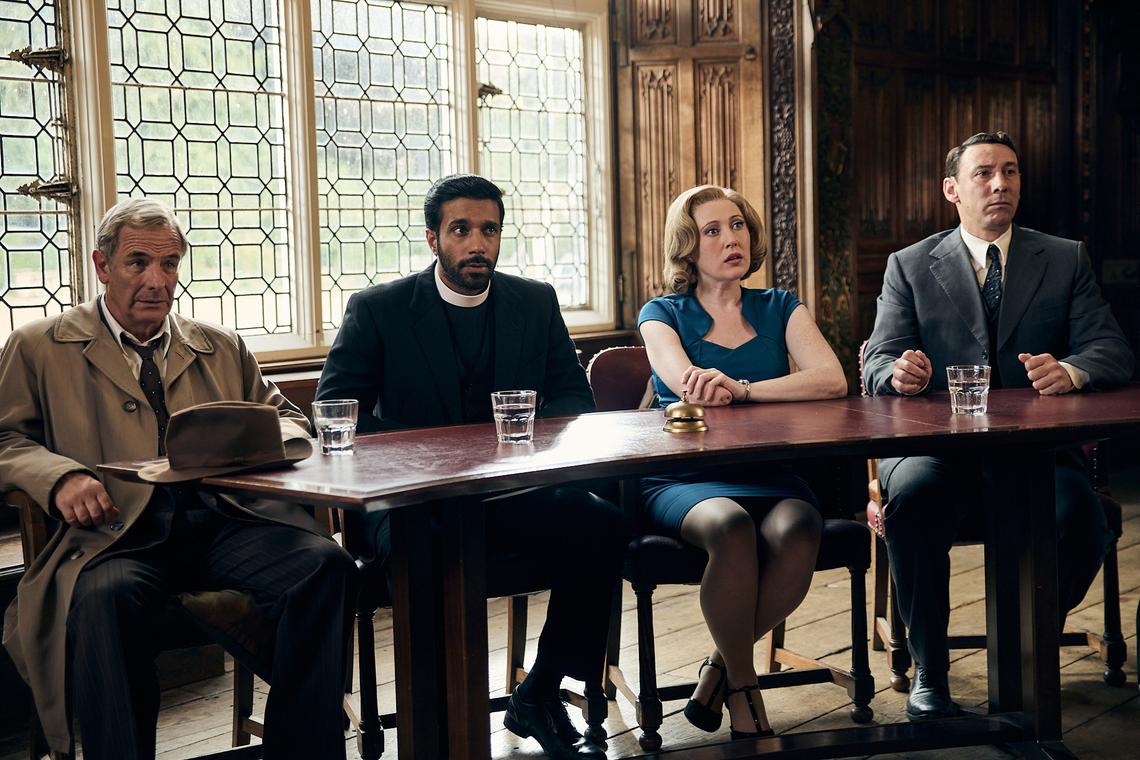 Robson Green as Geordie Keating, Rishi Nair as Alphy Kottaram, Melissa Johns as Miss Scott, and Al Weaver as Leonard Finch, Grantchester Season 11, 2026Courtesy of Kudos and MASTERPIECE