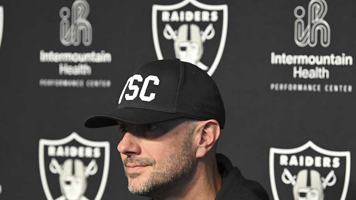  Apr 25, 2025; Henderson, NV, USA; (L-R) Las Vegas Raiders general manager John Spytek during a news conference introducing Ashton Jeanty as the first round draft pick in the 2025 NFL Draft at Intermountain Health Performance Center. Mandatory Credit: Candice Ward-Imagn Images | Candice Ward-Imagn Images 