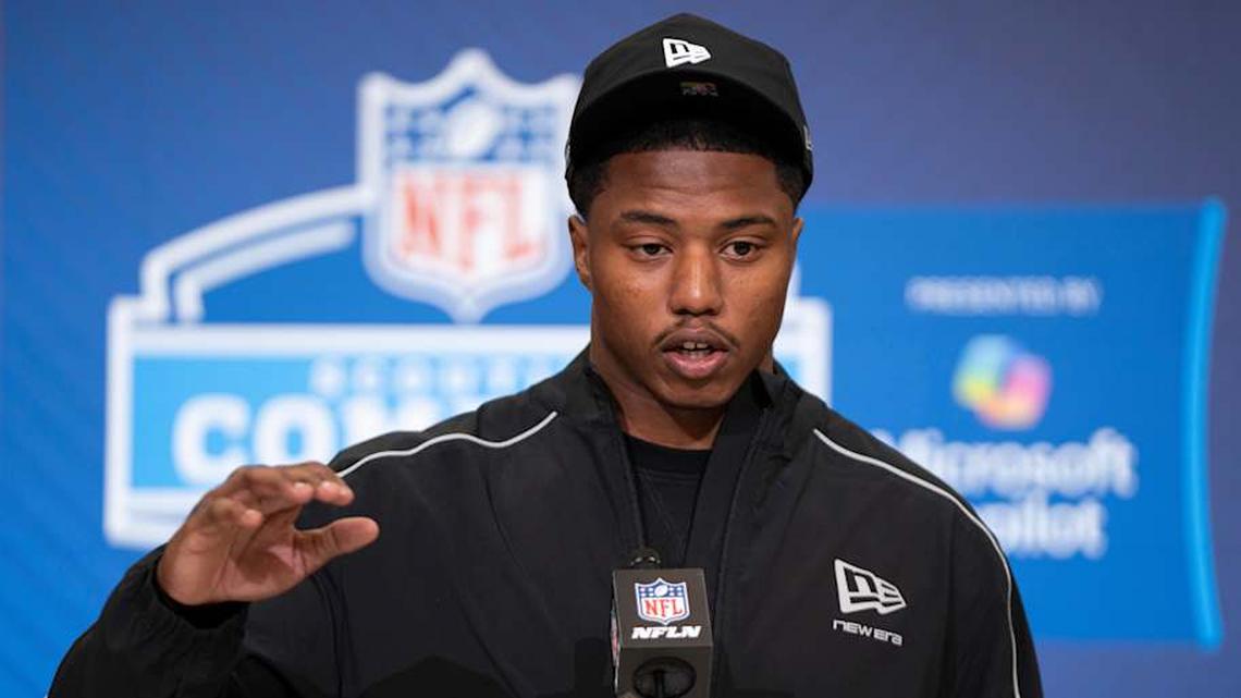  Feb 26, 2026; Indianapolis, IN, USA; Miami defensive back Keionte Scott (DB29) speaks to members of the media during the NFL Combine at the Indiana Convention Center. Mandatory Credit: Jacob Musselman-Imagn Images | Jacob Musselman-Imagn Images 