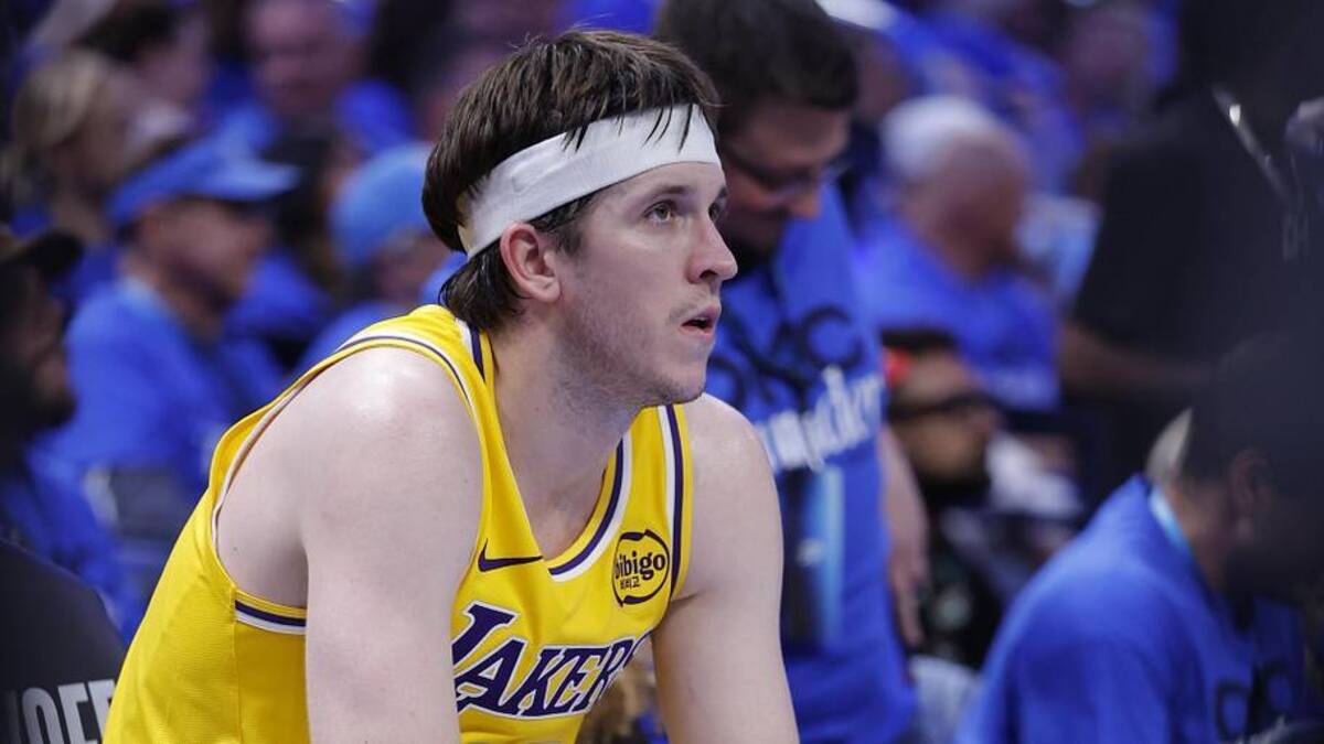  May 5, 2026; Oklahoma City, Oklahoma, USA; Los Angeles Lakers guard Austin Reaves (15) sits on the bench during a time out against the Oklahoma City Thunder in the second half during game one of the second round of the 2026 NBA Playoffs at Paycom Center. Mandatory Credit: Alonzo Adams-Imagn Images | Alonzo Adams-Imagn Images 