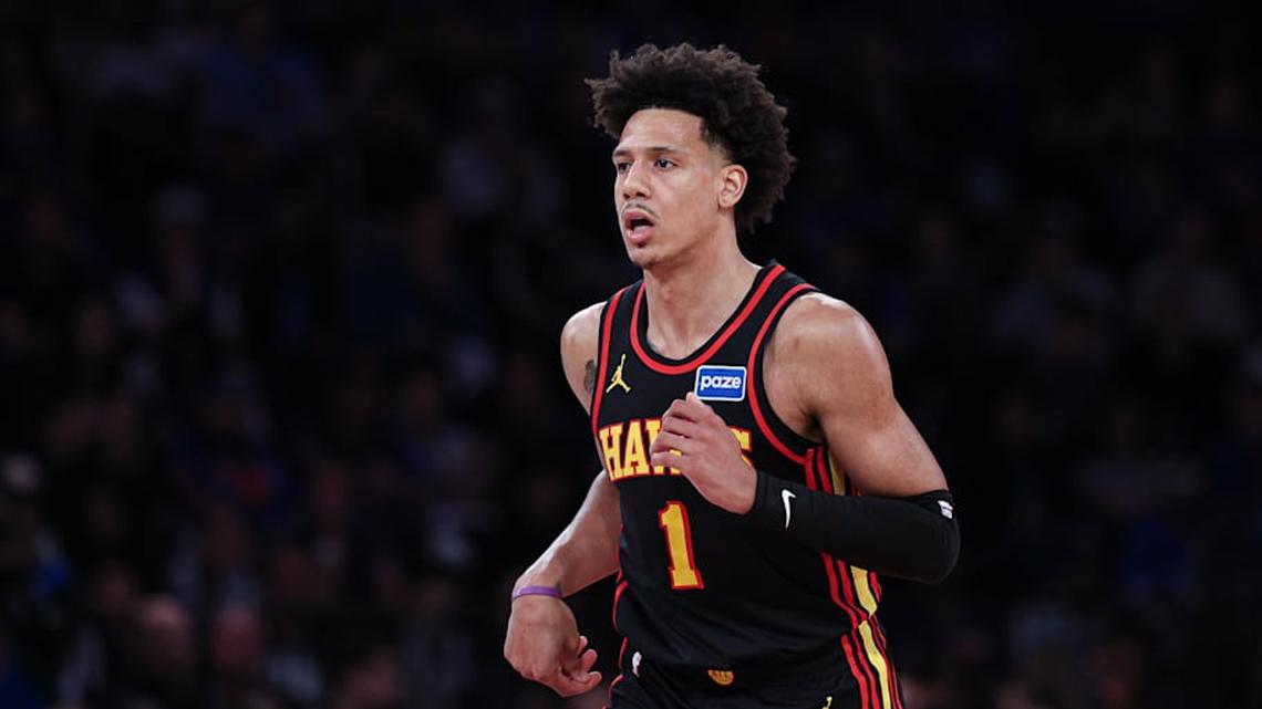  Apr 18, 2026; New York, New York, USA; Atlanta Hawks forward Jalen Johnson (1) reacts after a basket during the second half of the 2026 NBA Playoffs against the New York Knicks at Madison Square Garden. | Vincent Carchietta-Imagn Images 