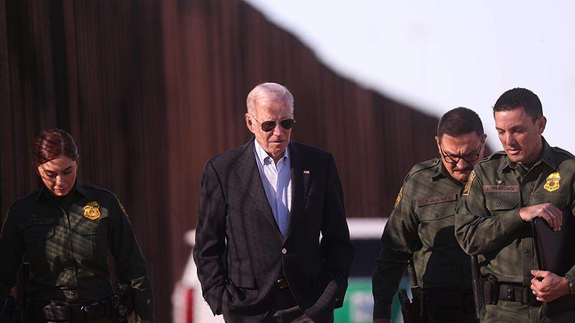 President Joe Biden walks along the border fence with Border Patrol agents on Jan. 8, 2023. The president visited El Paso to assess border enforcement operations and to see for himself how local leaders are coping with the mass migration of migrants from their home countries of Venezuela, Haiti, Nicaragua, and Cuba.