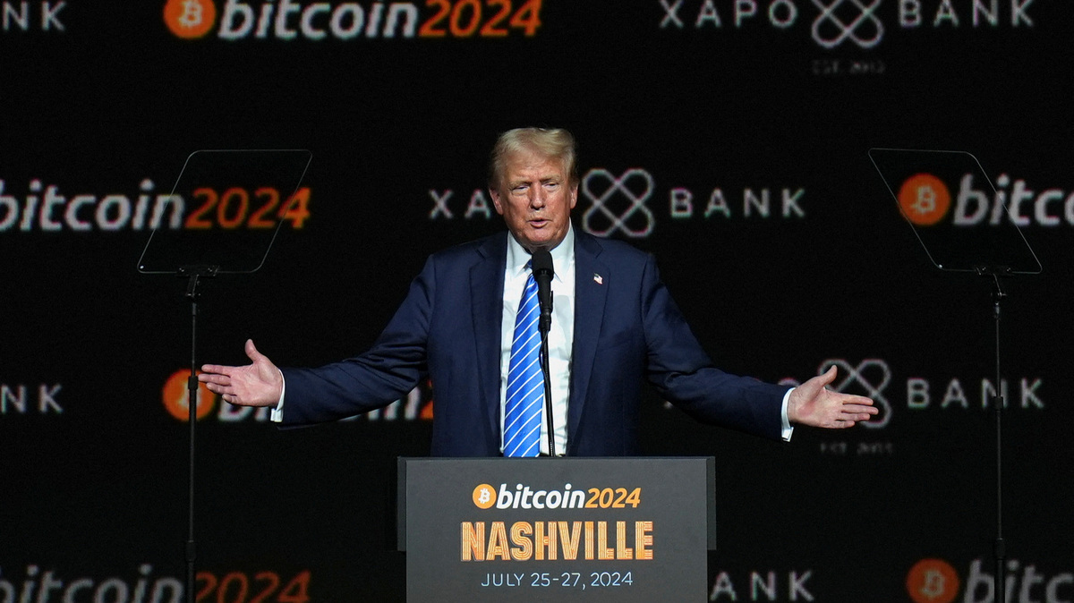 Republican presidential nominee and former U.S. President Donald Trump speaks at the Bitcoin 2024 event in Nashville, Tennessee, U.S., July 27, 2024. REUTERS/Kevin Wurm