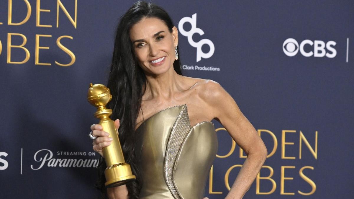 Demi Moore, winner of the Female Actor in a Motion Picture Musical or Comedy Award for “The Substance,” appears backstage during the Golden Globe Awards at the Beverly Hilton Hotel in Beverly Hills on Sunday. Photo by Jim Ruymen/UPI