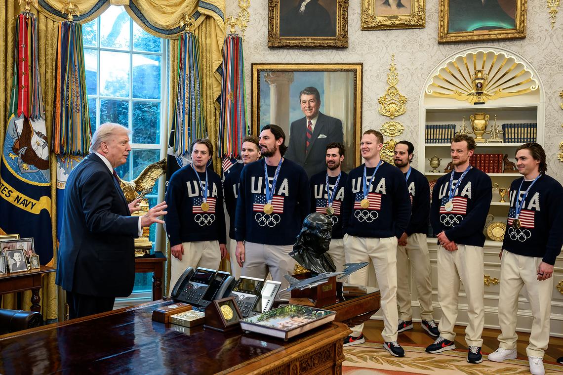 The U.S. Olympic Men's Hockey Team visit President Donald Trump in the Oval Office, Tuesday, February 24, 2026.Official White House Photo by Daniel Torok/Flickr 