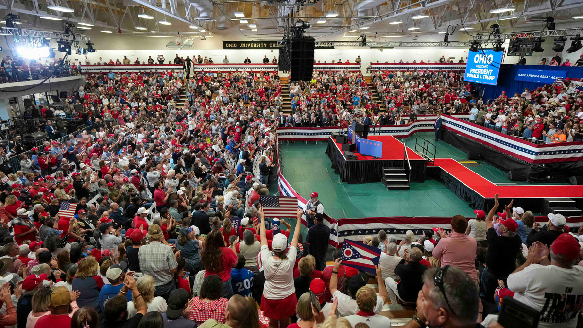 Sen. Bernie Moreno speaks during a rally with President Donald Trump at the Shoemaker Center in Chillicothe, Ohio on Oct. 28, 2026.