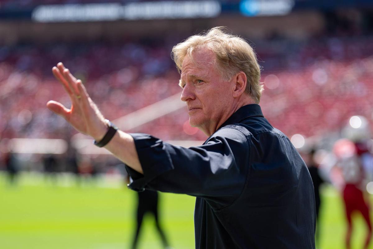  September 21, 2025; Santa Clara, California, USA; NFL commissioner Roger Goodell on the field prior to a game between the Arizona Cardinals and the San Francisco 49ers at Levi's Stadium. Mandatory Credit: Kyle Terada-Imagn Images 