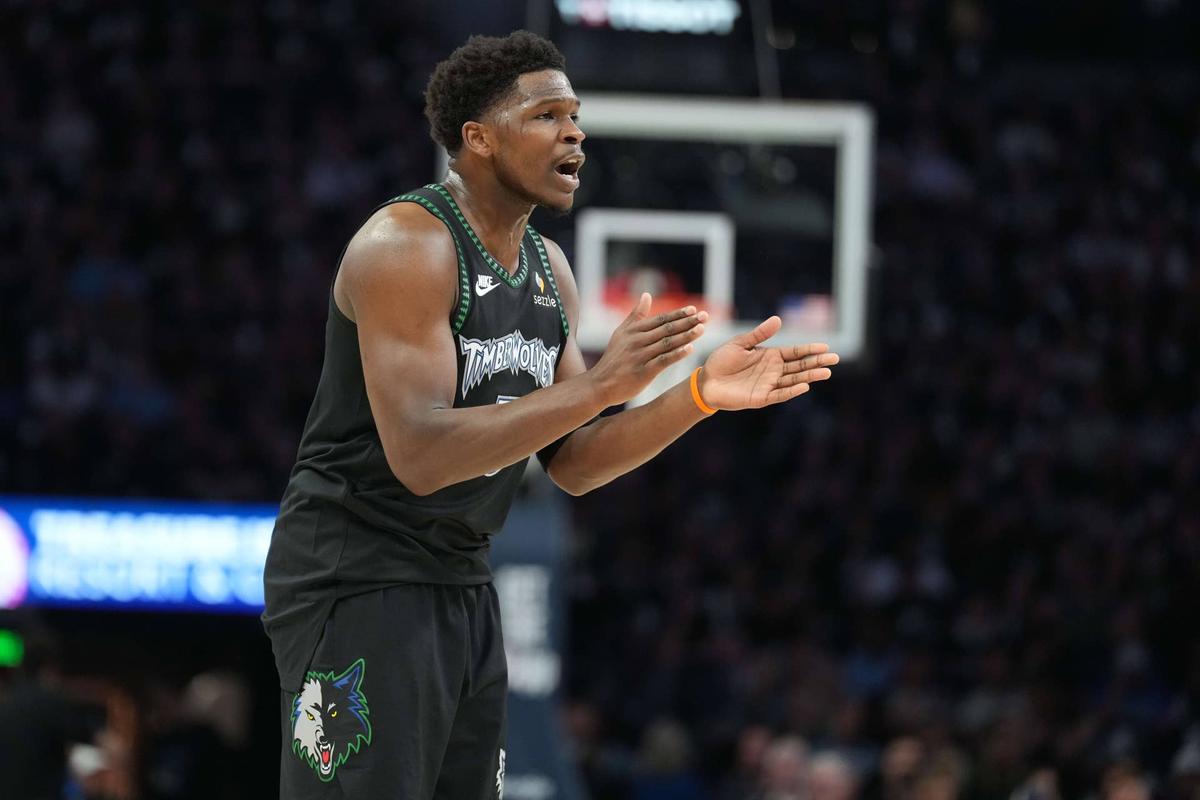  May 15, 2026; Minneapolis, Minnesota, USA; Minnesota Timberwolves guard Anthony Edwards (5) looks on against the San Antonio Spurs in the first half during game six of the second round of the 2026 NBA Playoffs at Target Center. Mandatory Credit: Jesse Johnson-Imagn Images 