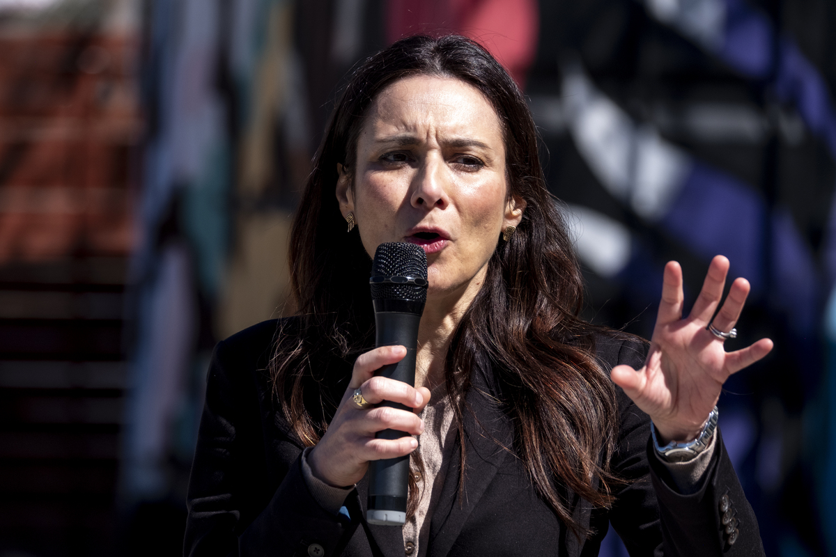  Gina Hinojosa speaks during a rally in San Antonio, Texas, on February 22, 2026. 
