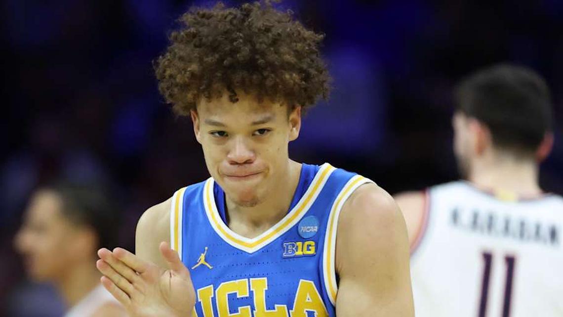  Mar 22, 2026; Philadelphia, PA, USA; UCLA Bruins guard Trent Perry (0) reacts against the UConn Huskies in the first half during a second round game of the men's 2026 NCAA Tournament at Xfinity Mobile Arena. Mandatory Credit: Bill Streicher-Imagn Images | Bill Streicher-Imagn Images 