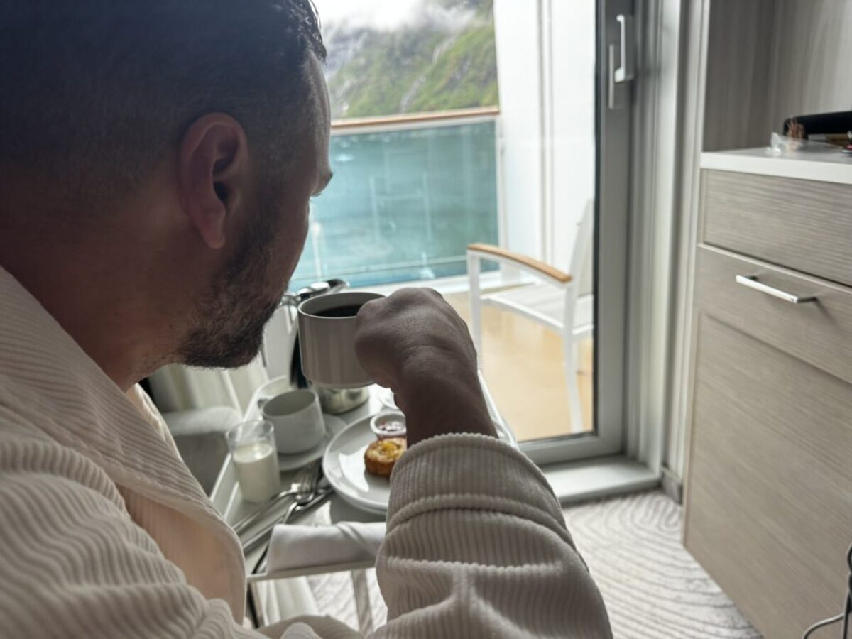  One of our favorite mornings: breakfast in our stateroom as icebergs floated by in Endicott Arm. Photo credit: Emily Molina 