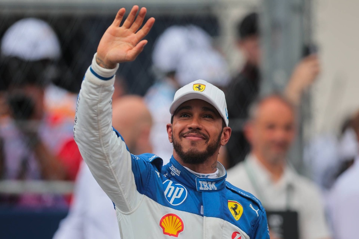  May 3, 2025; Miami Gardens, FL, USA; Ferrari driver Lewis Hamilton (44) reacts after finishing third during the F1 Miami Grand Prix Sprint Race at Miami International Autodrome. Mandatory Credit: Sam Navarro-Imagn Images 