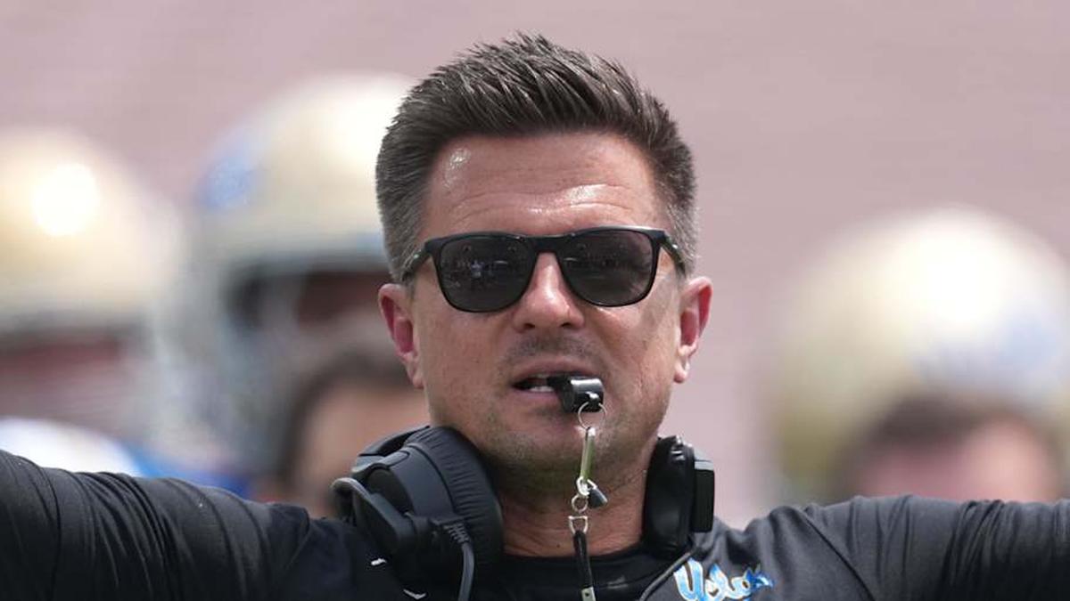  May 2, 2026; Pasadena, CA, USA; UCLA Bruins coach Bob Chesney reacts during the spring game at Rose Bowl. Mandatory Credit: Kirby Lee-Imagn Images | Kirby Lee-Imagn Images 