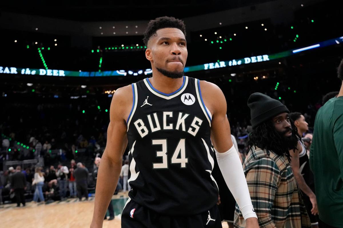  Jan 23, 2026; Milwaukee, Wisconsin, USA; Milwaukee Bucks forward Giannis Antetokounmpo (34) walks from the court following the game against the Denver Nuggets at Fiserv Forum. Mandatory Credit: Jeff Hanisch-Imagn Images 