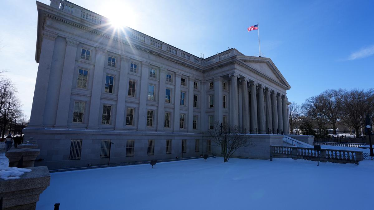 A general view of the Treasury Building on day two of a partial government shutdown in Washington, D.C., U.S., February 1, 2026. REUTERS/Ken Cedeno