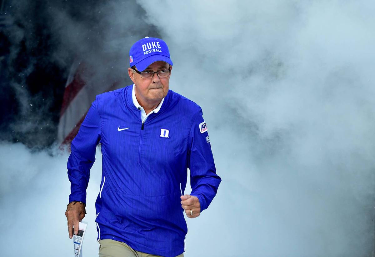  DURHAM, NC - AUGUST 31: Head coach David Cutcliffe of the Duke Blue Devils takes the field prior their game against the Army Black Knights at Wallace Wade Stadium on August 31, 2018 in Durham, North Carolina. (Photo by Grant Halverson/Getty Images) 