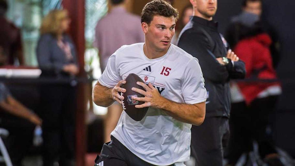  Fernando Mendoza participates in Indiana University's Pro Day at Mellencamp Pavilion on Wednesday, April 1, 2026. | Rich Janzaruk/Herald-Times / USA TODAY NETWORK via Imagn Images 