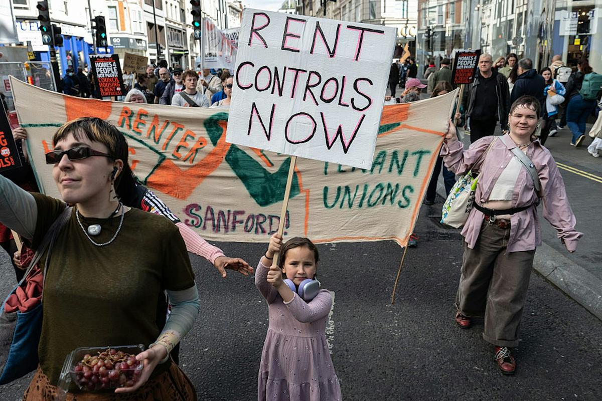 Tenant groups and trade unions from across England marched through central London on April 18, 2026, to bring attention to the country's housing crisis. Guy Smallman/Getty Images 