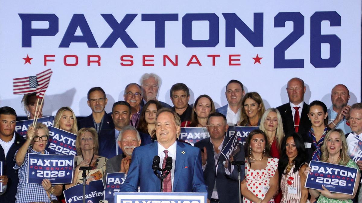 Texas Attorney General Ken Paxton speaks to supporters after winning the Republican runoff election for U.S. Senate in Texas, defeating incumbent U.S. Senator John Cornyn, in Plano, Texas, U.S., May 26, 2026. REUTERS/Evan Garcia
