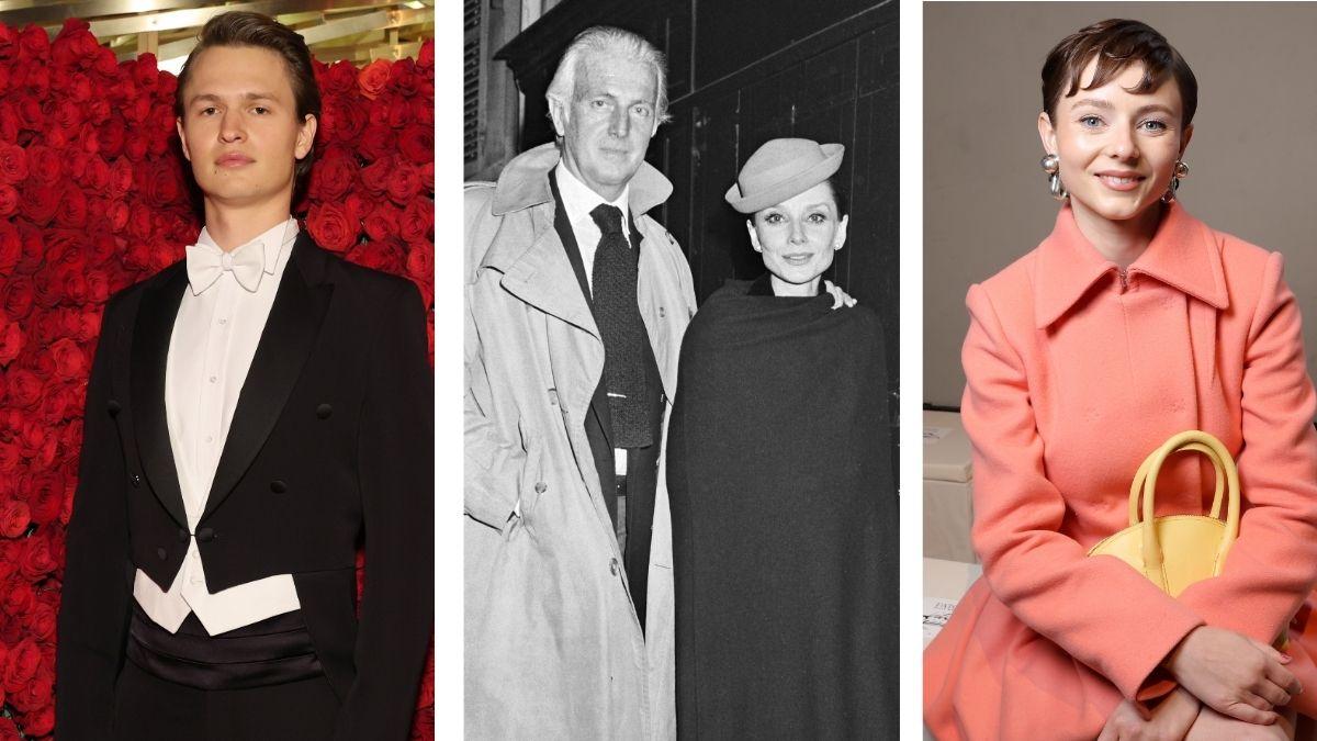 Left: Ansel Elgort in 2022; Middle: Hubert De Givenchy and Audrey Hepburn in 1978; Right: Thomasin McKenzie in 2026Getty