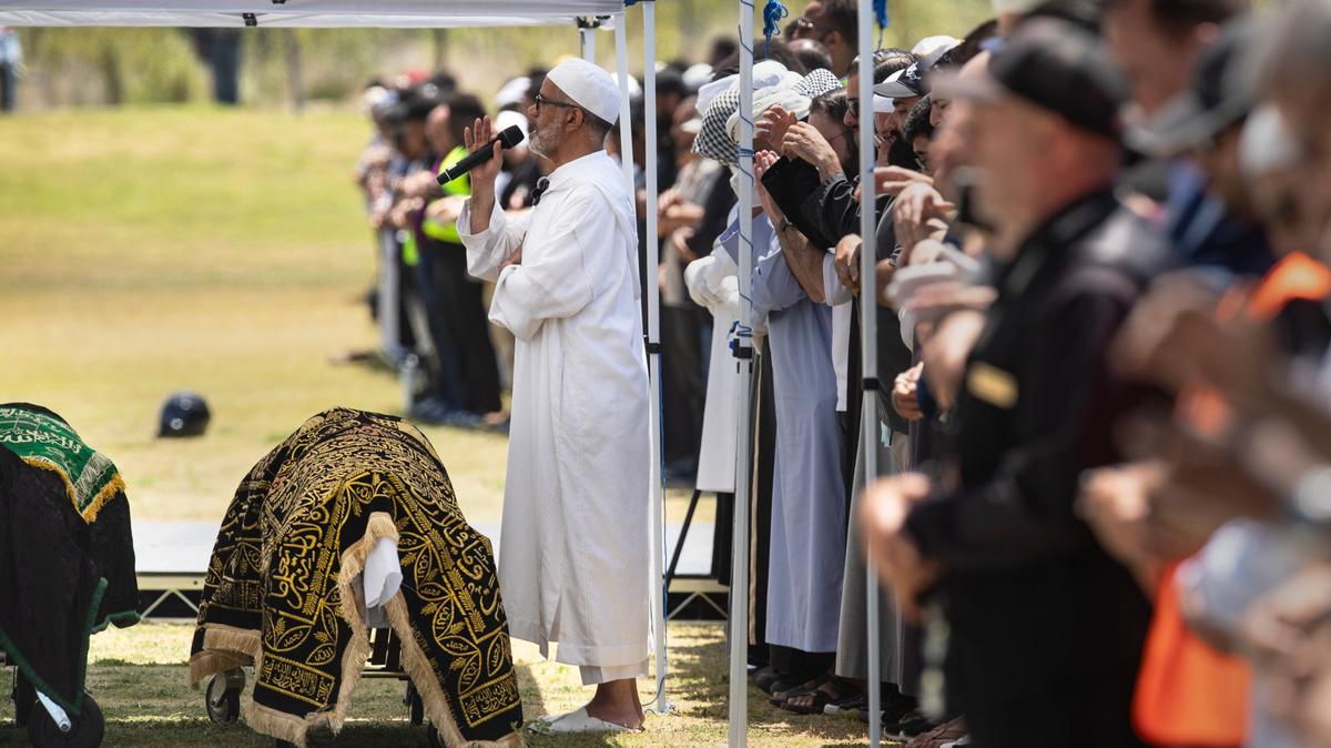 People perform the Janazah Prayer at Mission Valley River Park on Thursday, May 21, 2026, in San Diego. The prayer is in remembrance of the three men, Amin Abdullah, Mansuor Kaziha and Nadir Awad, who were slain protecting the community at the San Diego Islamic Center on May 18. 