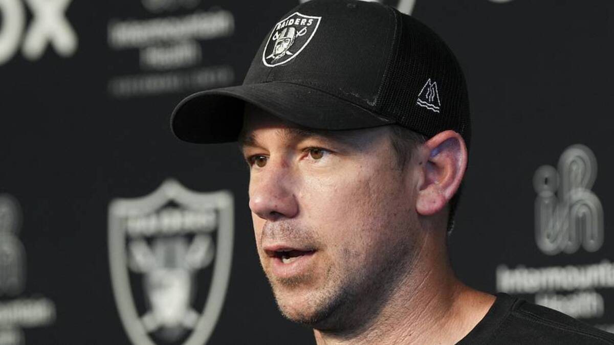  May 20, 2026; Henderson, NV, USA; Las Vegas Raiders head coach Klint Kubiak speaks during a news conference during organized team activities at Intermountain Health Performance Center. Mandatory Credit: Candice Ward-Imagn Images | Candice Ward-Imagn Images 