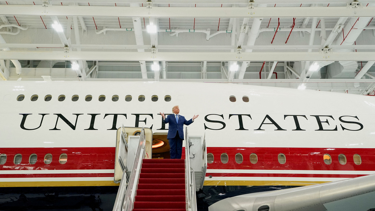 U.S. President Donald Trump gestures as he tours the VC-25B aircraft gifted by Qatar that will be used as Air Force One, at Joint Base Andrews, Maryland, U.S., June 19, 2026. REUTERS/Elizabeth Frantz