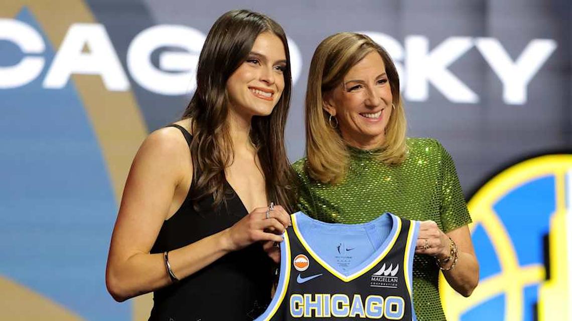  Apr 13, 2026; New York, NY, USA; WNBA Commissioner Cathy Engelbert (right) poses for photos with Gabriela Jaquez who was selected fifth overall by the Chicago Sky during the 2026 WNBA Draft at The Shed at Hudson Yards. Mandatory Credit: Brad Penner-Imagn Images | Brad Penner-Imagn Images 