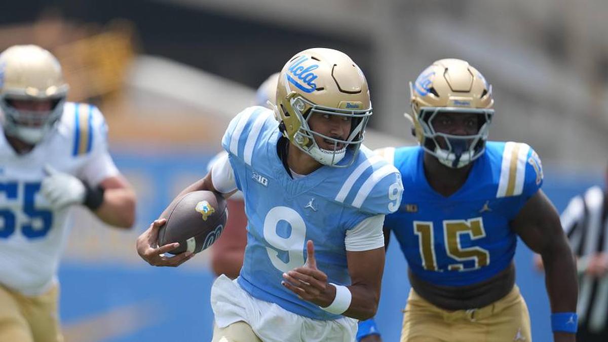  May 2, 2026; Pasadena, CA, USA; UCLA Bruins quarterback Nico Iamaleava (9) carries the ball during the spring game at Rose Bowl. Mandatory Credit: Kirby Lee-Imagn Images | Kirby Lee-Imagn Images 