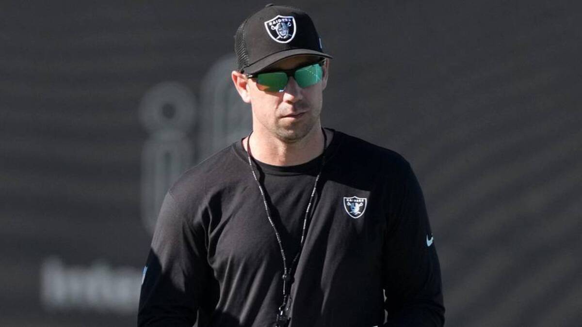  Jun 9, 2026; Henderson, NV, USA; Las Vegas Raiders coach Klint Kubiak during minicamp at Intermountain Health Performance Center. Mandatory Credit: Kirby Lee-Imagn Images | Kirby Lee-Imagn Images 