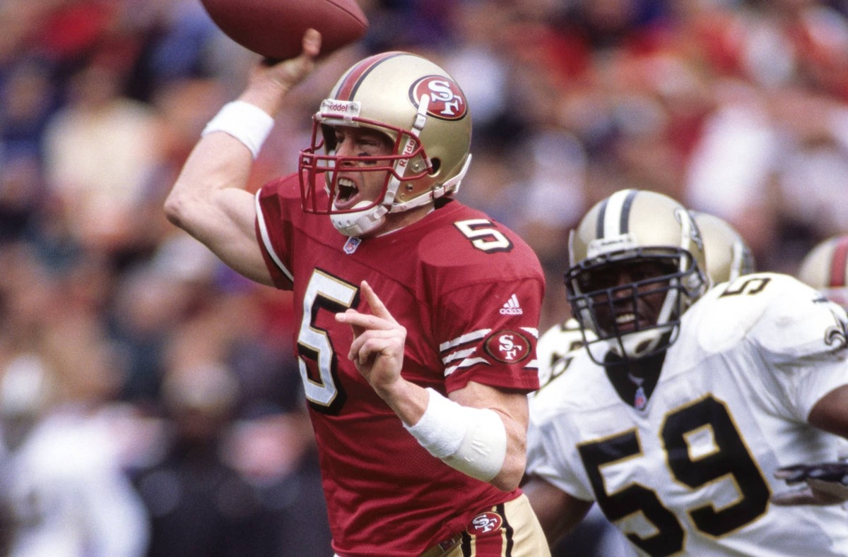  San Francisco 49ers quarterback Jeff Garcia in action against New Orleans Saints linebacker Keith Mitchell at 3Com Park. Peter Brouillet-USA TODAY NETWORK
