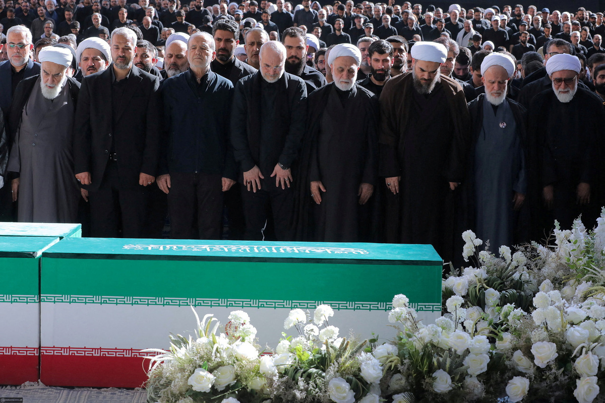 Iranian President Masoud Pezeshkian Iranian President Masoud Pezeshkian, Iran's Parliament speaker Mohammad Baqer Qalibaf and Chief Justice of Iran Gholam-hossein Mohseni Ejei with officials attend a prayer during a public farewell ceremony to pay their respects to late Supreme Leader Ayatollah Ali Khamenei, who was killed on February 28 in Israeli and U.S. airstrikes, at the Imam Khomeini Grand Mosalla, in Tehran, Iran July 5, 2026. Office of the Iranian Supreme Leader/ Handout via REUTERS