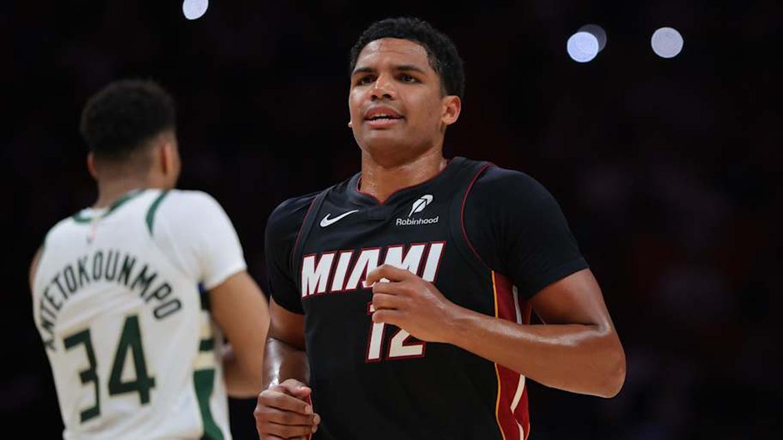  Mar 12, 2026; Miami, Florida, USA; Miami Heat guard Dru Smith (12) looks on against the Milwaukee Bucks during the fourth quarter at Kaseya Center. Mandatory Credit: Sam Navarro-Imagn Images | Sam Navarro-Imagn Images 