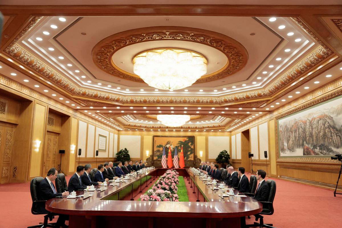 U.S. President Donald Trump participates in an expanded bilateral meeting with Chinese President Xi Jinping at the Great Hall of the People in Beijing, China, May 14, 2026. REUTERS/Evan Vucci