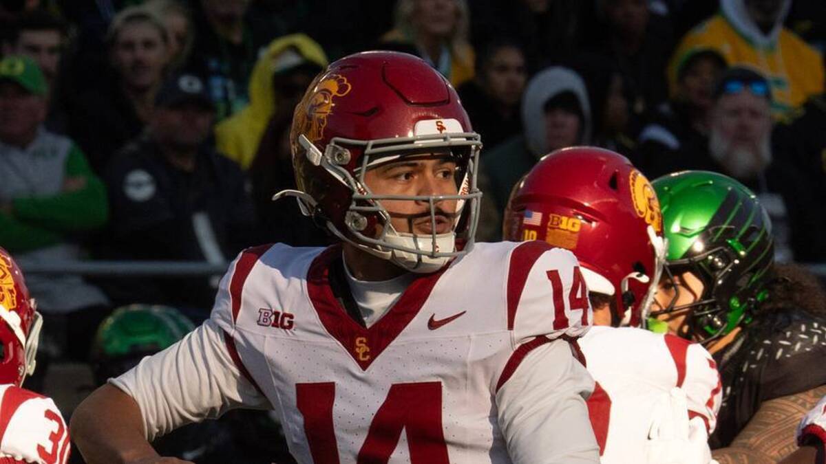 Southern California's Jayden Maiava throws downfield against Oregon during the first half Nov. 22, 2025. | USA TODAY Network via Reuters Connect 