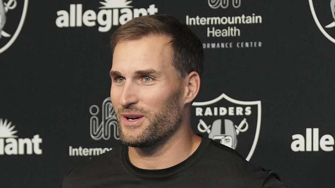  Apr 8, 2026; Las Vegas, NV, USA; Las Vegas Raiders quarterback Kirk Cousins speaks at a press conference at Intermountain Health Performance Center. Mandatory Credit: Candice Ward-Imagn Images | Candice Ward-Imagn Images 