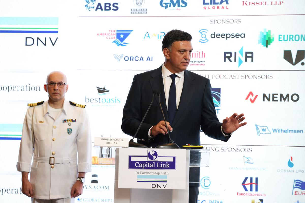 Greek Minister of Maritime Affairs and Insular Policy Vassilis Kikilias speaks during the Capital Link Maritime Leaders Summit, in Athens, Greece, June 1, 2026. REUTERS/Louiza Vradi