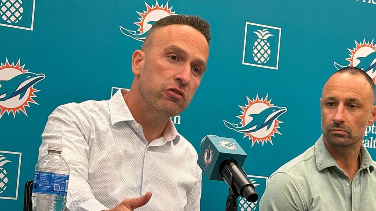  Coach Jeff Hafley (left) discusses his first draft for the Miami Dolphins along with GM Jon-Eric Sullivan on April 25, 2026. | Hal Habib / USA TODAY NETWORK via Imagn Images 