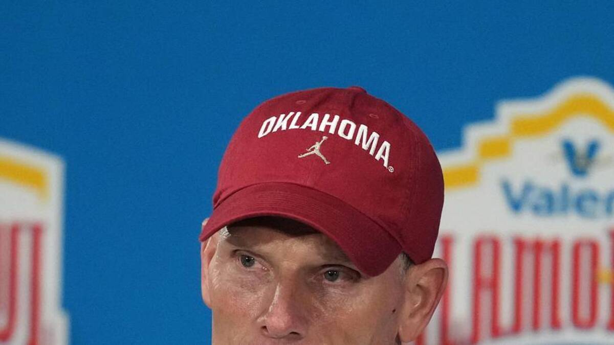  Dec 28, 2023; San Antonio, TX, USA; Oklahoma Sooners head coach Brett Venables at a press conference after the Alamo Bowl against the Arizona Wildcats at Alamodome. Mandatory Credit: Kirby Lee-Imagn Images | Kirby Lee-Imagn Images 