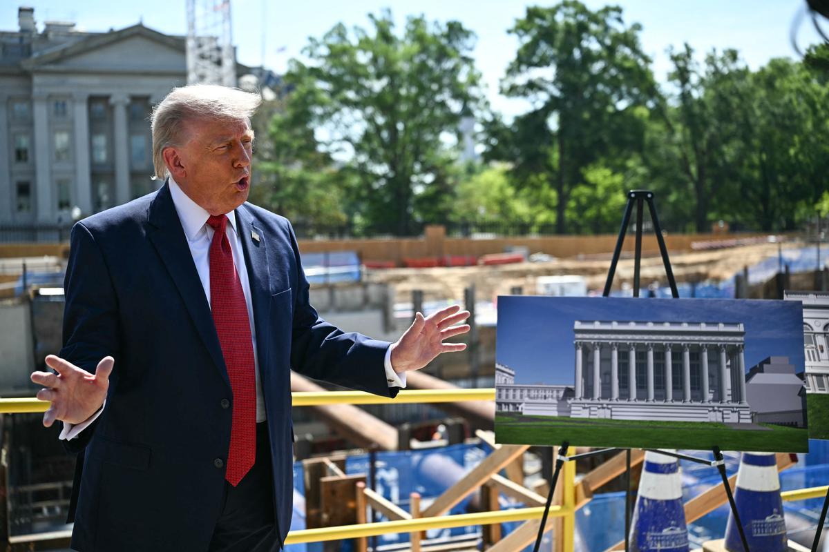  President Donald Trump speaks to the press near the construction site of his proposed ballroom, at the White House in Washington, D.C., on May 19. 