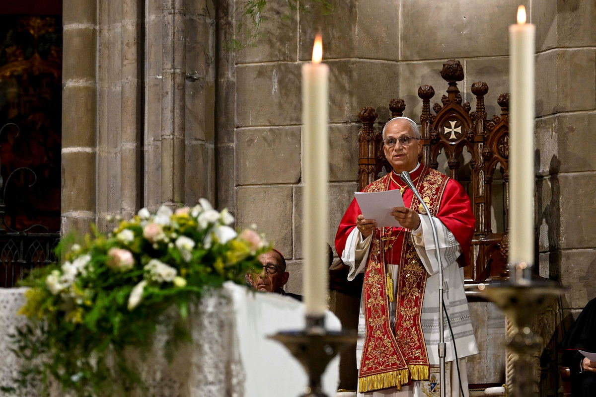 Pope Leo XIV attends the midday prayers at the Cathedral of the Holy Cross and Saint Eulalia, during his apostolic journey, in Barcelona, Spain, June 9, 2026. Simone Risoluti/Vatican Media/­Handout via REUTERS