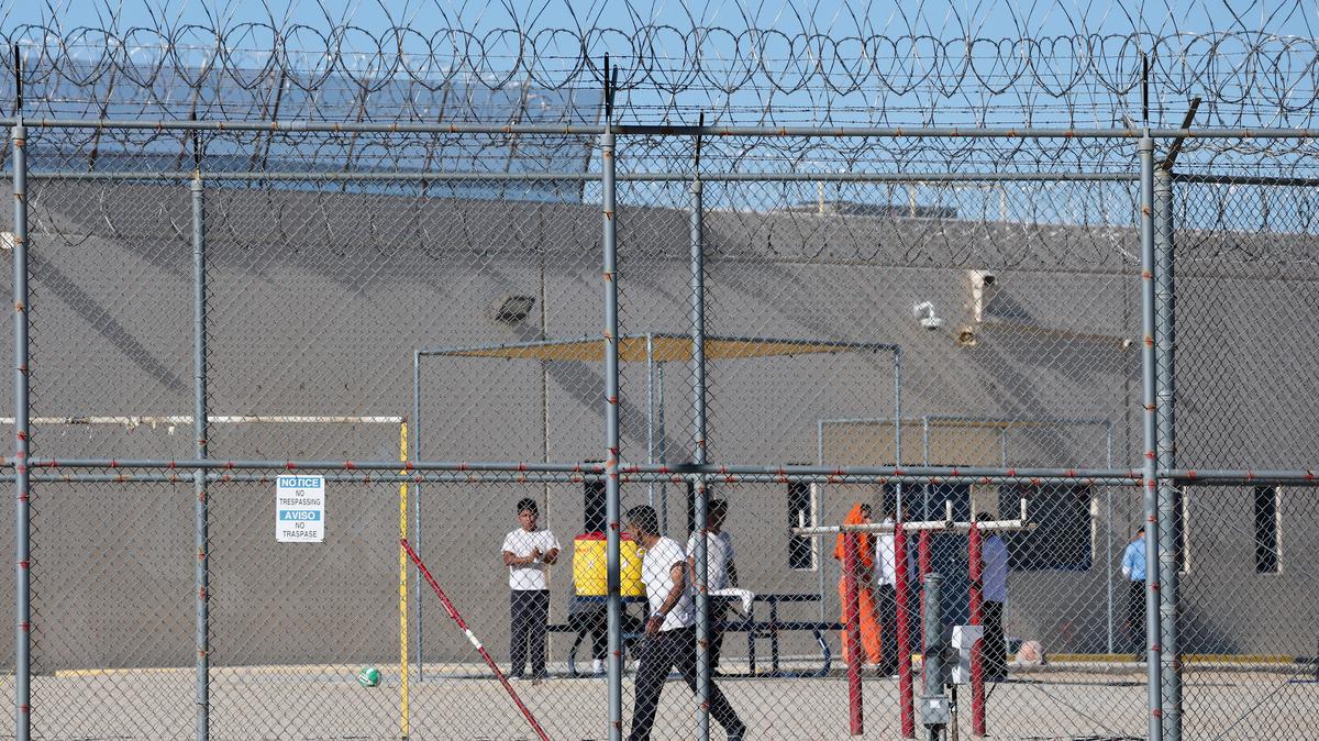 People detained are seen at the the Desert View Annex at the the private prison company GEO Group Adelanto ICE Processing Center detention facility in Adelanto, Calif., on July 11, 2025. (Patrick T. Fallon/AFP/Getty Images/TNS)