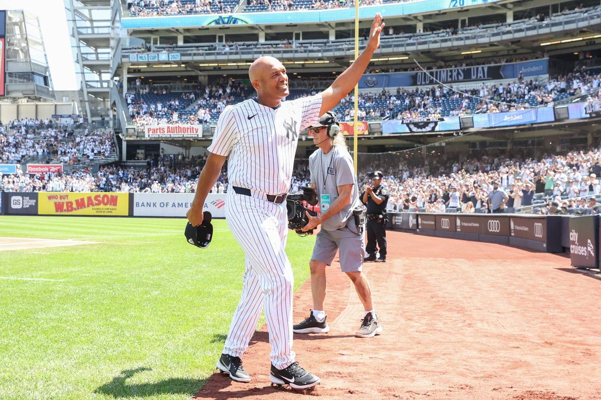  Former New York Yankees pitcher Mariano Rivera acknowledges fans during Old Timers Day at Yankee Stadium on Aug. 9, 2025. Wendell Cruz-Imagn Images