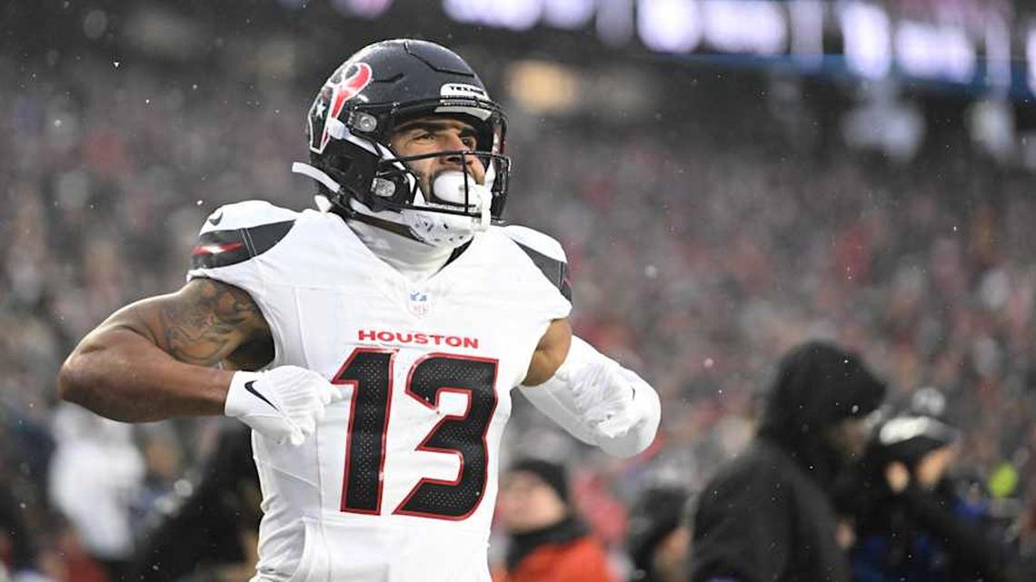  Jan 18, 2026; Foxborough, MA, USA; Houston Texans wide receiver Christian Kirk (13) celebrates a touchdown in the second quarter against the New England Patriots in an AFC Divisional Round game at Gillette Stadium. Mandatory Credit: Brian Fluharty-Imagn Images | Brian Fluharty-Imagn Images 