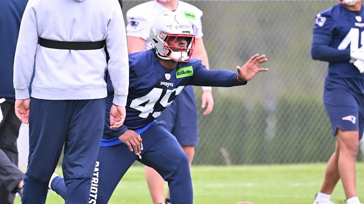  May 9, 2026; Foxborough, MA, USA; New England Patriots linebacker Quintayvious Hutchins (45) does a drill with coaching staff during the New England Patriots rookie camp at Gillette Stadium. Mandatory Credit: Eric Canha-Imagn Images | Eric Canha-Imagn Images 