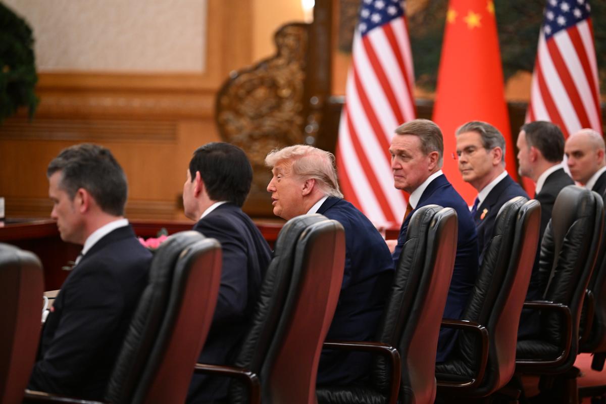 President Donald Trump and the American delegation takes part in bilateral talks with President Xi Jinping of China at the Great Hall of the People in Beijing on Thursday, May 14, 2026. From left: Defense Secretary Pete Hegseth, Secretary of State Marco Rubio, Trump, Ambassador David Perdue, and Treasury Secretary Scott Bessent. (Kenny Holston/The New York Times)..
